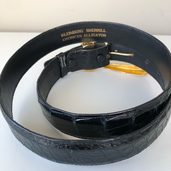 Vintage 90s Kleinberg Sherrill American Black exoticAlligator Gold Buckle Belt M - Picture 2 of 11